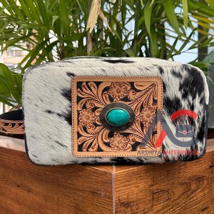 New Hand Tooled Leather Travel Toiletry Bag Large Capacity Turquoise Stone Cosmetic Bags Cowhide Portable <b>Storage</b> <b>Makeup</b> Bags - Product Image 1
