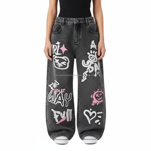 Jeans amples décontractés respirants imprimés graffiti Y2K, pantalon en denim délavé coloré à jambe large, fabricant OEM - Product Image 1