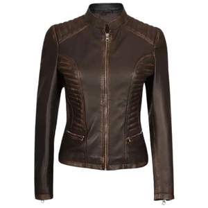 Veste de moto en cuir véritable imprimée pour femme, décontractée, unie, à capuche, manches longues évasées, taille haute, style streetwear, en laine - Product Image 2