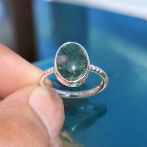 Bague en agate mousse naturelle faite à la main en argent sterling 925 avec serti de diamants taille ovale - Product Image 5