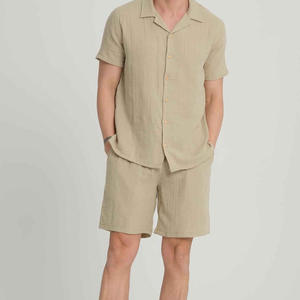 Conjunto de 2 Piezas de Ropa Urbana para Hombre, Camiseta Polo de Manga Corta, Camisa de Botones de Algodón con Tejido Waffle, Top Transpirable y Pantalones Cortos - Product Image 3