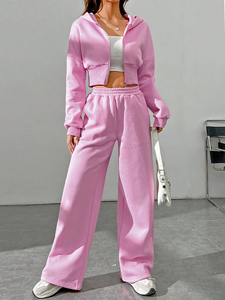 Wholesale Pink Zipper Cut Top Short Solid Hooded Set Heavy Weight Canvas 100% Cotton <b>Sweatpants</b> Hoodies Two Piece Set for <b>Women</b> - Product Image 3