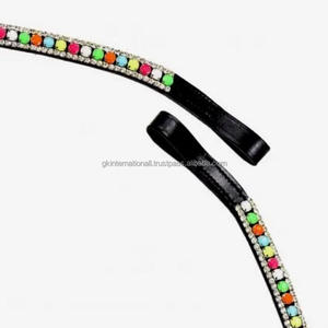 Fabriqué en Inde forme incurvée en cuir anglais noir bande de front de cheval personnalisé avec 3 rangées de cristaux colorés strass Bling - Product Image 3