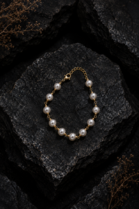 Brass Wire Wrapped Shell Pearl Bracelet | Gold Tone Handcrafted Pearl Chain Bracelet - Product Image 4