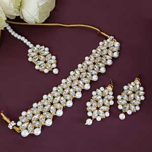 Joyería India gargantilla de cristal perla de imitación collar floral pendientes Maang Tikka Bollywood boda conjunto de joyería nupcial para mujer - Product Image 1