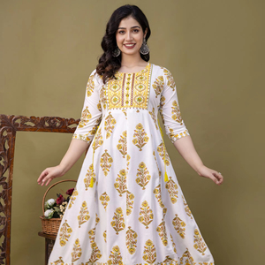 Robe longue à imprimé floral, robe longue Kurta, tenue de soirée, col fermé, en coton, robe pour femmes d'Inde - Product Image 1