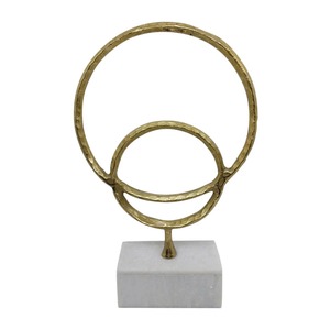 Sculpture moderne en fer avec un design d'anneaux abstraits, base en marbre texturé doré, sculpture contemporaine - Product Image 5