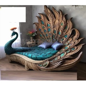 Cama de Madera de Teca Tallada a Mano con Diseño de Pavo Real de Aspecto Majestuoso, Estilo Tradicional, Tamaño y Color Personalizables, DST EXPORTS - Product Image 1