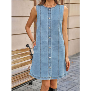 Combinaison en jean décontractée pour femmes, tendance, tricotée, longueur genou, respirante, 100% coton, tissu léger, vêtements d'été - Product Image 5
