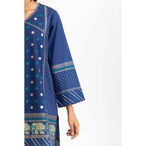 ชุดเซ็ตผ้าชีฟองพิมพ์ลายบล็อกสีน้ำเงินสำหรับผู้หญิง เสื้อแขนสามส่วนปักลาย ความยาวเหนือเข่า เหมาะสำหรับใส่ไปไนต์คลับ - Product Image 4