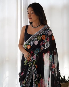 Indian Bollywood Designer Latest Trendy Heavy Black Georgette Sexy <b>Fabric</b> Embroidery Sari Blouse Beautiful Elegant Party Wear - Product Image 3