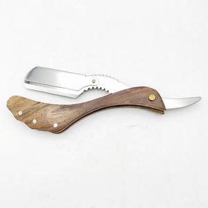Maquinilla de afeitar recta con mango de madera manual profesional al por mayor logotipo personalizado hoja única de acero inoxidable sólido cuerpo facial sostenible - Product Image 1