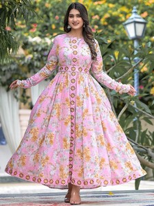 Robes ethniques de luxe faites à la main, tendance, à motif floral imprimé, en coton, coupe trapèze, longueur genou, pour le bureau ou décontractées, style Moyen-Orient - Product Image 4
