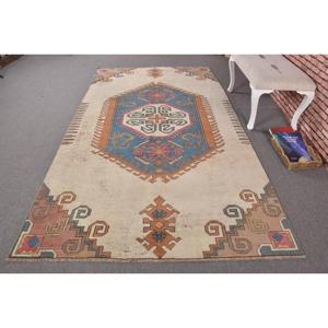 Alfombra Turca Vintage, Alfombra Grande de 5.2x9.4 pies, Alfombra Marroquí de Lana Azul Marrón - Product Image 1