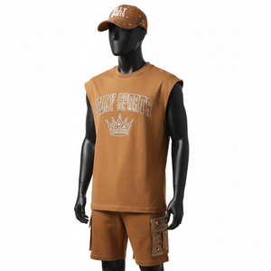 <b>Men</b> Sleeveless T Shirt and <b>Short</b> Set Cotton Polyester Smooth Fabric <b>Brown</b> Heat Press Logo <b>Men</b> Sleeveless shirt and <b>Shorts</b> Set - Product Image 4