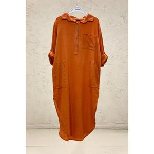 Yakalı Düğmeli Cepli Uzun Keten Elbise - Product Image 5