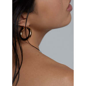 Bold Medium Hoop <b>Earrings</b> Trendy Geometric Titanium Brass Copper Huggie with Zircon Pearl Main Stones Rhodium & Gold Plated Gift - Product Image 2