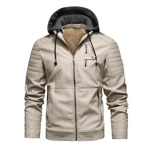 Chaqueta con capucha de lona a la moda para hombre Otoño Invierno nueva marca fina de piel sintética prendas de vestir elegante estampado bolsillos con cremallera motocicleta - Product Image 4