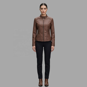 Women’s Brown Faux Leather Motorcycle <b>Biker</b> <b>Jacket</b> by Novenza - Product Image 5