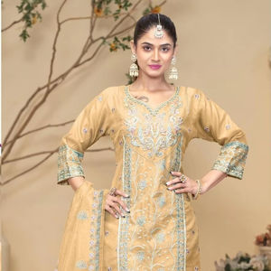 Bas de soie élégant d'hiver avec broderie en organza Shalwar Kameez Vêtements indiens pour adultes Style en 4 couleurs Tailles XL-XXL - Product Image 1