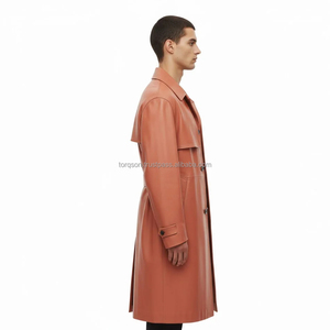 <b>Men's</b> Genuine Leather Cowhide <b>Trench</b> <b>Coat</b> Double Breasted Long Overcoat Belt Turn-down Collar Solid Color Button Detail Warm - Product Image 2