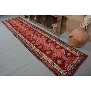 พรมขนแกะสีขาวสีแดงแบบดั้งเดิมดั้งเดิมขนาด2,8X12ฟุตสไตล์วินเทจสไตล์ตุรกีผืนใหญ่แบบแอบสแตรกต์รูปสี่เหลี่ยมผืนผ้าสำหรับห้องโถงห้องโถงห้องโถง - Product Image 3