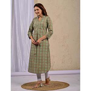 Green Georgette <b>Block</b> <b>Printed</b> Straight Kurti Ankle-Length Indian Dress Pakistani for Party Wear Includes Salwar Kameez Saree - Product Image 4