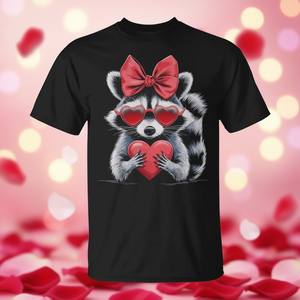 T-shirt da donna con stampa digitale a maniche corte e girocollo, motivo procione con cuore e fiocco, per San Valentino - Product Image 3