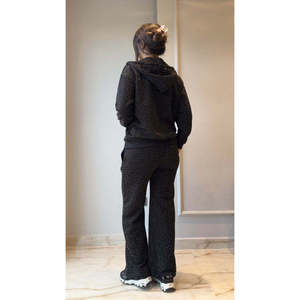 Women'<b>s</b> Long-Sleeve Hooded Zip-Up <b>Blouse</b> <b>and</b> Sweatpants Set, Embellished Front Zipper, Viscose Two-Thread Fabric, 30870 - Black - Product Image 3