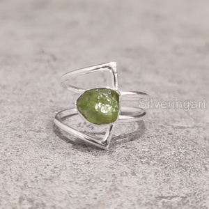 Bijoux en pierre brute bague pour femme péridot brut naturel pierre précieuse août pierre de naissance anniversaire Double bande bague en argent Sterling 925 - Product Image 1