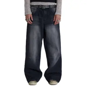A buon mercato Streetwear Stack pantaloni in Denim cotone larghi impilati Jeans da uomo lunghi pantaloni dritti lavati a gamba larga per uomo