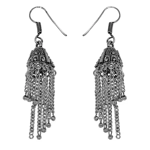 Boucles d'oreilles pendantes Jhumka en argent sterling 925 pour femmes, bijoux de mariage indiens, style bohème, accents argent et or rose - Product Image 3