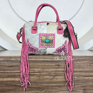 Sac à bandoulière Speedy en cuir véritable de grande capacité en gros, sac de voyage en cuir de vache véritable vintage avec franges pour femmes - Product Image 1