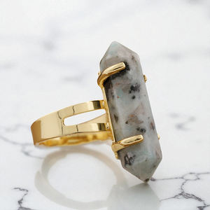 Anillos de piedras preciosas de piedra azul Tianshan curativo de doble punta-Anillo de mujer chapado en oro de piedra larga-Anillo de cristal de plata 925 Joyería - Product Image 1