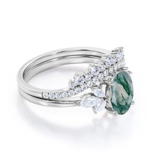 Bague d'éternité de mariée en agate verte mousse et diamant coupe ovale en argent sterling 925 Bague de fiançailles en agate mousse diamant - Product Image 4