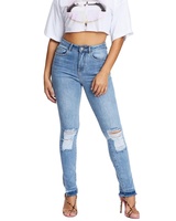 OEM Plus Size Mid High Collar Straight Plaid Denim Women Stretch Ripped Breathable Eco-Friendly Waterproof Streetwear Casual