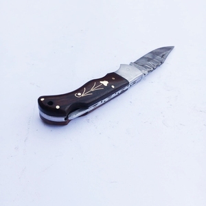 มีดพับเหล็กดามัสกัสมีดกระเป๋ากลางแจ้งมือจับไม้ปลอกหนัง - Product Image 5