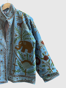 Veste en coton bleue brodée à la main avec motif d'éléphant, col mandarin, manches longues, taille plus, vêtements d'automne pour femmes - Product Image 4