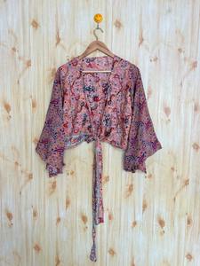 Top corto con mangas acampanadas florales, blusa envolvente de seda Bohemia Vintage para vestido de fiesta de Primavera/Verano, regalo frontal con lazo para ella, Top envolvente con tinte de corbata - Product Image 6