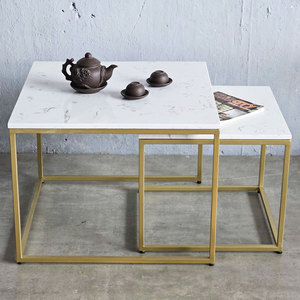 Modern Farmhouse Double <b>Sofa</b> <b>Table</b> with Stone Top and Iron Frame Nesting Movable Side <b>Table</b> for Entry or Living Room TT68219 - Product Image 3
