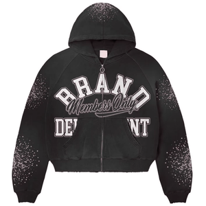 Sudadera con Capucha Personalizada con Estampado y Bordado, con Pedrería, Tela Lavada, Corte Holgado, Ideal para Moda Moderna - Product Image 1