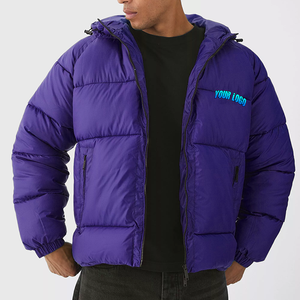 Veste d'hiver matelassée décontractée pour homme, coupe slim, couleur unie, capuche en fourrure, col montant, logo sur le devant, toile en coton rembourrée - Product Image 4