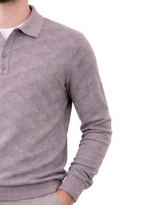 Suéter Polo de Punto Texturizado Personalizado para Hombre, Manga Larga, Cuello con Botones, Informal, para Invierno, Color Gris Malva, para Suministro al por Mayor - Product Image 2