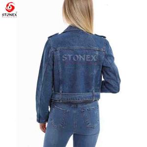 Vestes classiques décontractées en denim à col unique pour femmes Veste en jean bleue délavée pour femmes - Product Image 4