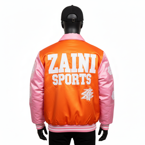 Veste en satin premium 240 GSM, corps orange avec panneaux de manches roses, impression par transfert thermique de logo personnalisé, veste en satin streetwear pour hommes - Product Image 5