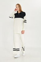 Conjunto de dos piezas de gran tamaño con cremallera a rayas de punto para mujer de alta calidad, ropa informal, ropa de oficina, conjunto de pantalones y suéter