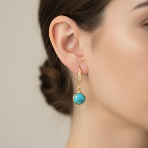 Boucle d'oreille en turquoise Kingman de 30 à 31 mm avec fil d'oreille en zircon, forme ronde, sertie en argent, plaquée or 18 carats - Product Image 5
