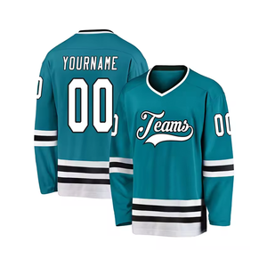 Maillot de hockey sur glace personnalisé bleu ciel, rayures rouges et blanches, col en V, logo des équipes sublimé, sans manches, unisexe, confortable, 100% polyester - Product Image 2