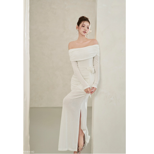 Nuevo artículo 2026 Vestido largo con hombros descubiertos, cintura con volantes, detalle floral lateral, para fiesta o playa, poliéster y spandex, OEM ODM Vietnam - Product Image 4