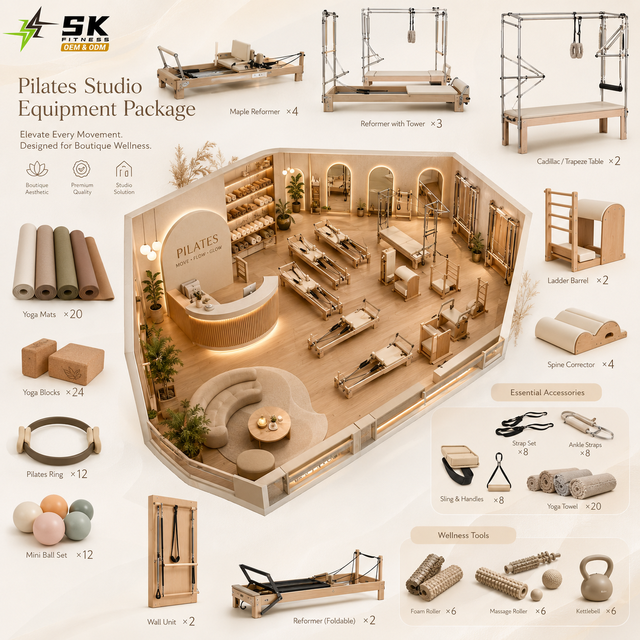 SK Factory Direct Pilates Reformer Full Set Cadillac Barrel Chair Yoga Studio Design One Stop Setup Solution Wholesale